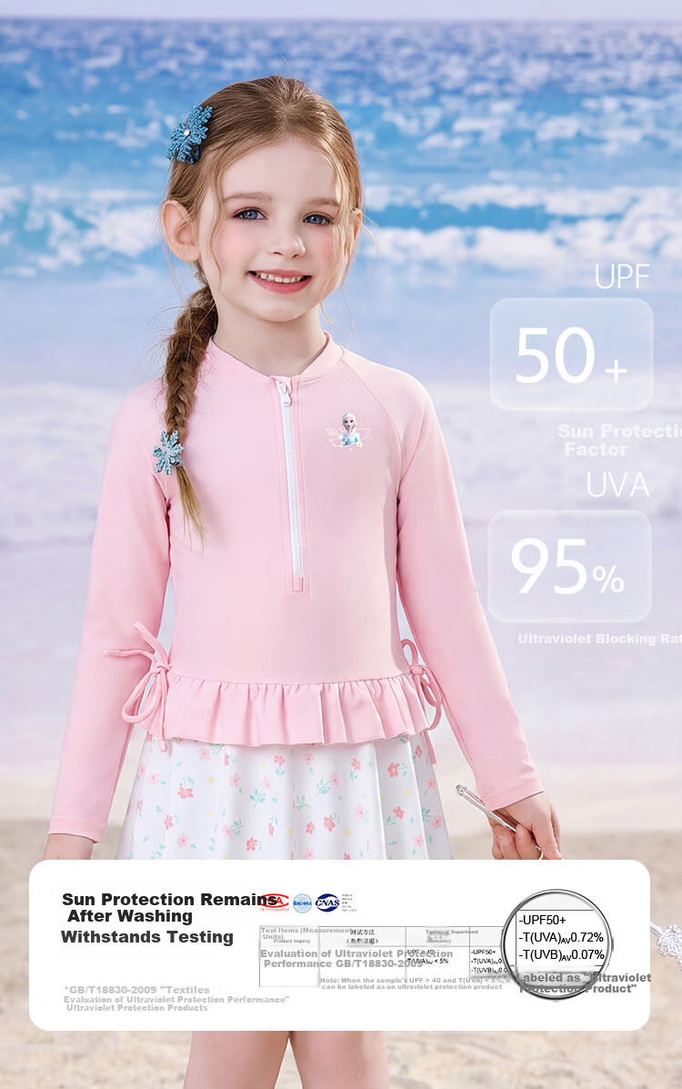 Disney Girls' One-Piece Skirted Long-Sleeve Sunscreen Swimsuit D36101S2F Pink Elsa Size 130 2