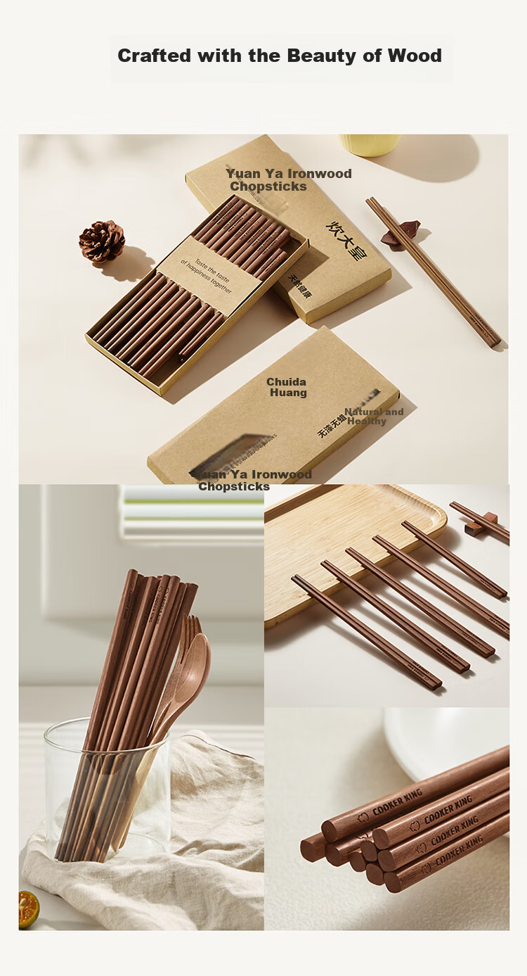 COOKER KING Chicken Wing Wood Chopsticks, Unvarnished And Unwaxed High-Quality Wooden Chopsticks, 5 Pairs Family Set, Fast Solid Wood Round Chopsticks 18