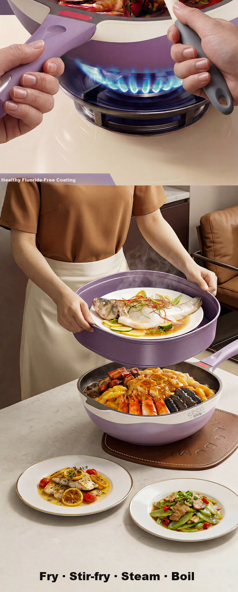 Oluode Titanium Non-Stick Frying Pan with Fluorine-Free Coating, Oil-Repellent, Compatible with Gas and Induction Cooktops, Household Wok 6