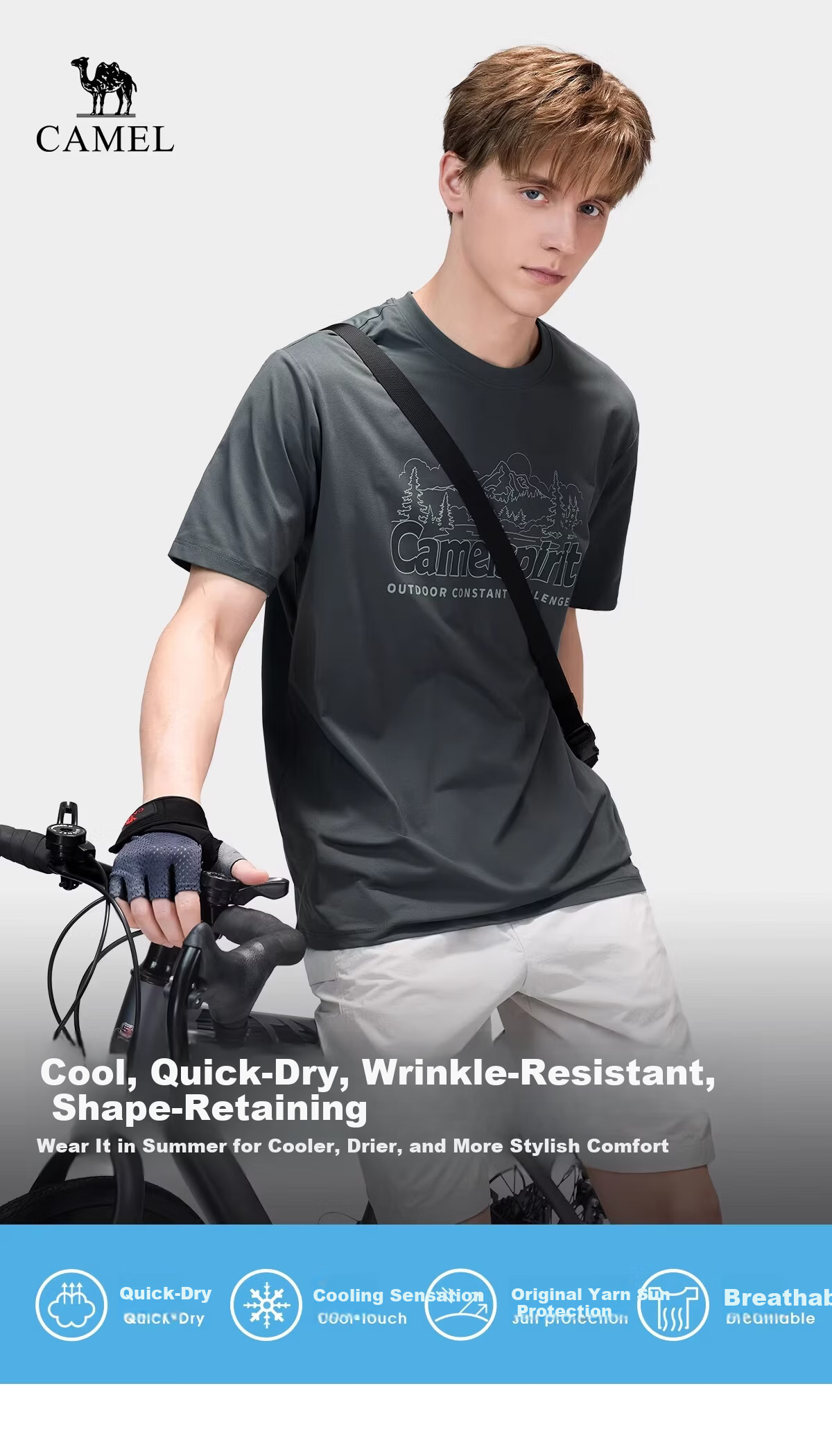 CAMEL Outdoor Quick-Dry Men's T-Shirt Spring Summer Short Sleeve Cooling Breathable Sweat-Absorbing Wrinkle-Resistant Stretch Printed Hiking Sun Protection K048 1