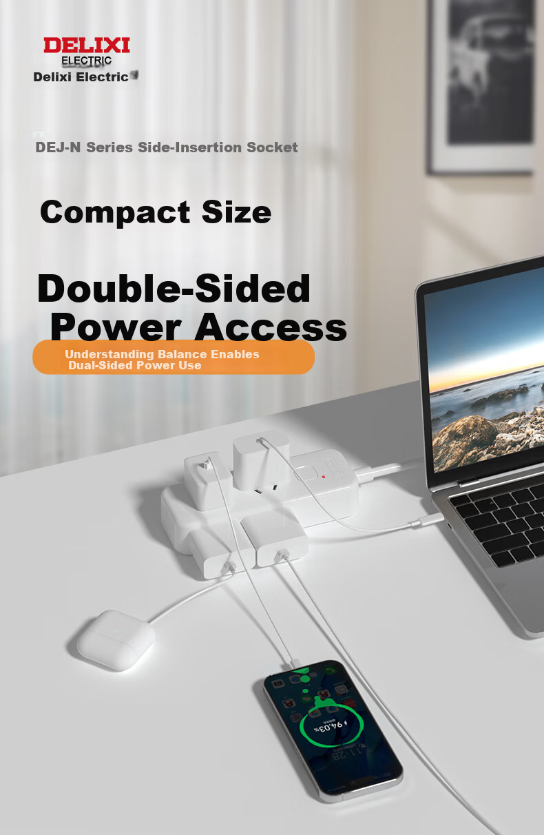 DELIXI New National Standard 3C Certified Side Power Strip Socket Extension Board with 4 Outlets, Master Switch, 2.5m Cord for Home Office Dorm Desktop Use 1