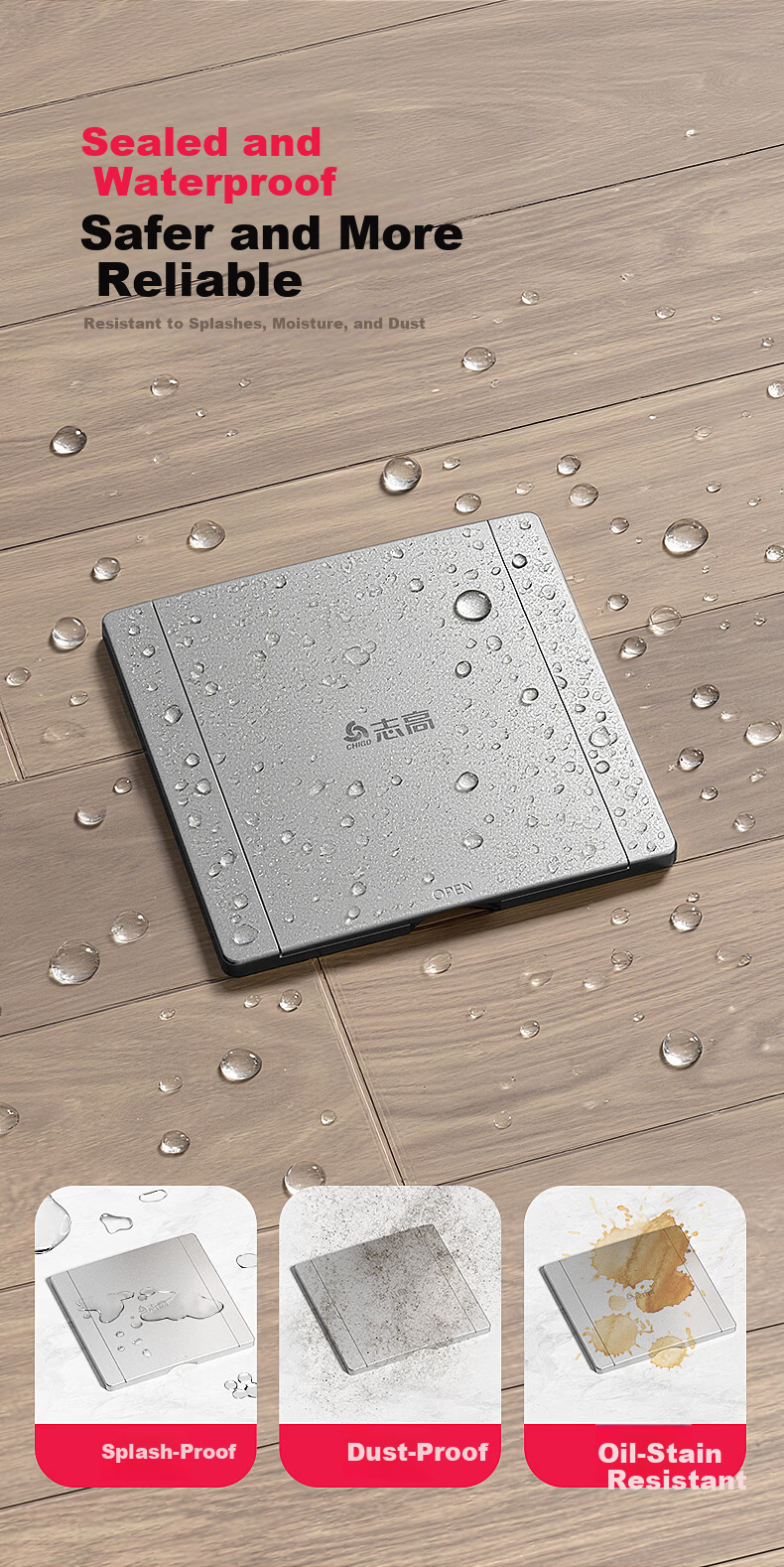 CHIGO Model 86 Concealed Embedded Ultra-thin Flush Waterproof Floor Socket Cover Multifunctional Stainless Steel 5-Hole Floor Socket Silver 8