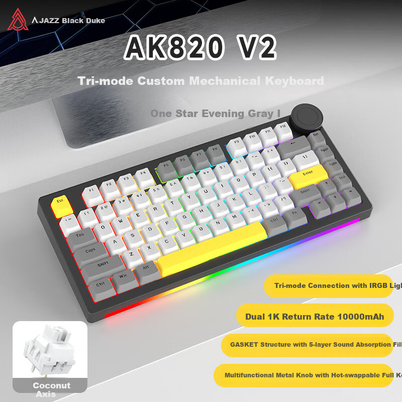 AJAZZ AK820V2 Wireless Mechanical Keyboard Wired/2.4G/Bluetooth 81-Key Hot-Swappable Gasket Gaming 10000mAh Coconut Axis Original Black Gray Yellow