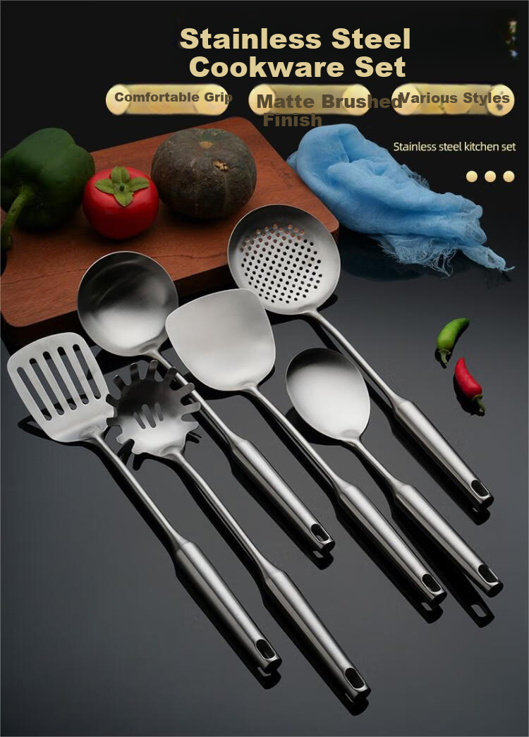 Jinwanfu Thickened Long Handle Solid Stainless Steel Serving Stir Fry Ladle 2