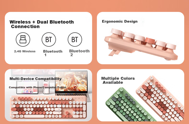 B.O.W Hangshi V96 Wireless Bluetooth Dual-Mode Keyboard Quiet High-Value Ergonomic Design Unisex Office Home Tablet Laptop Mobile Universal Spring River Pink 3