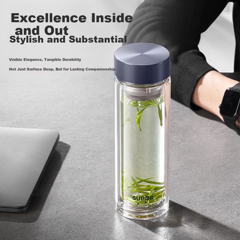 SUPOR Double-Layer Glass Cup for Men, Home and Office, Tea Infuser, Car Water Bottle, 400mL, Starry Night Black