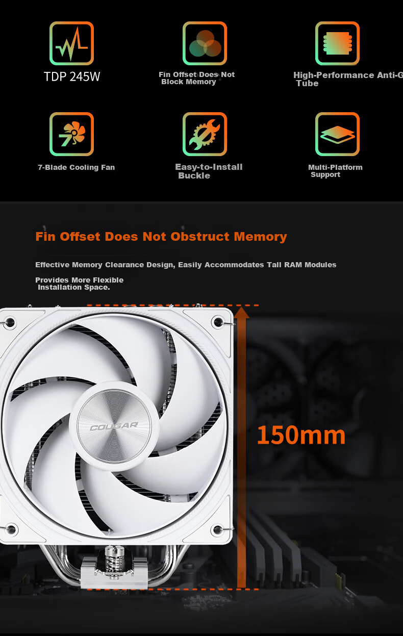 Cougar Fengqing 50 MAX Single Tower Air CPU Cooler Non-Interference with RAM 5 Heat Pipes Copper Base 2