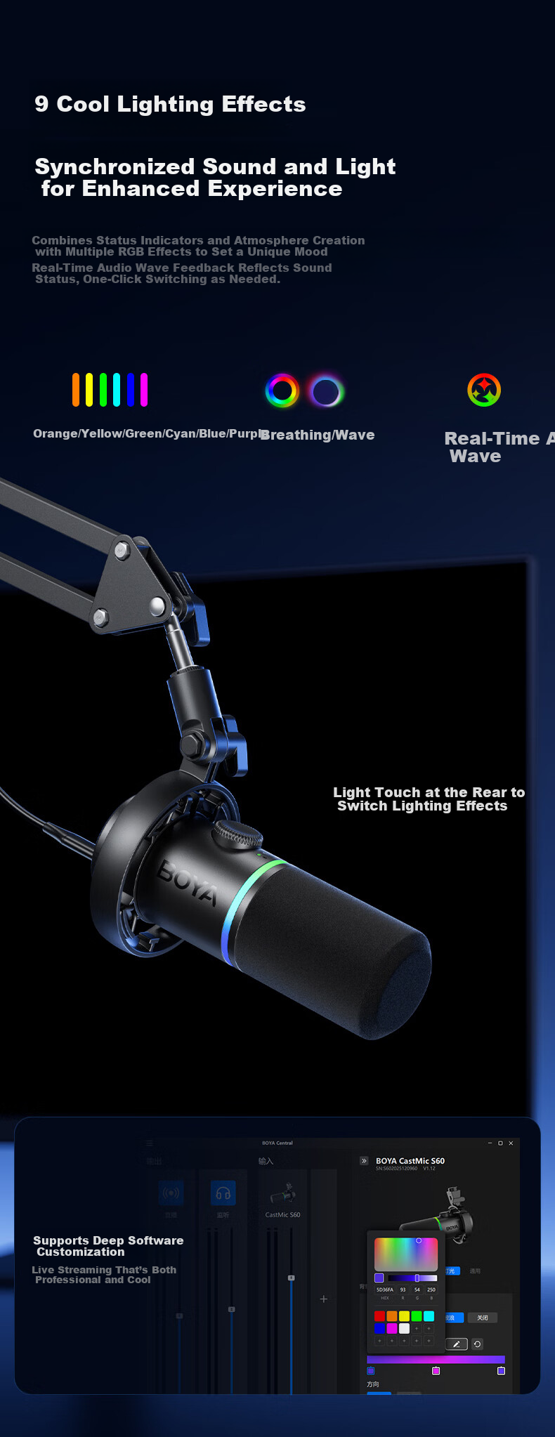 BOYA S60 Computer Microphone Desktop Mic Streaming Gaming Microphone KTV Dubbing Recording Noise-Cancelling Dynamic Microphone with Software Tuning 6