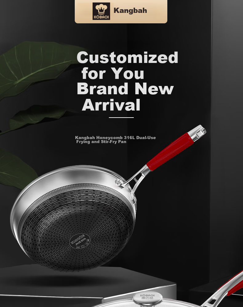 Kambach 316L Stainless Steel Honeycomb Dual-Use Frying Pan Flat Bottom Wok Deep Frying Pan for Induction and Gas Stoves 1
