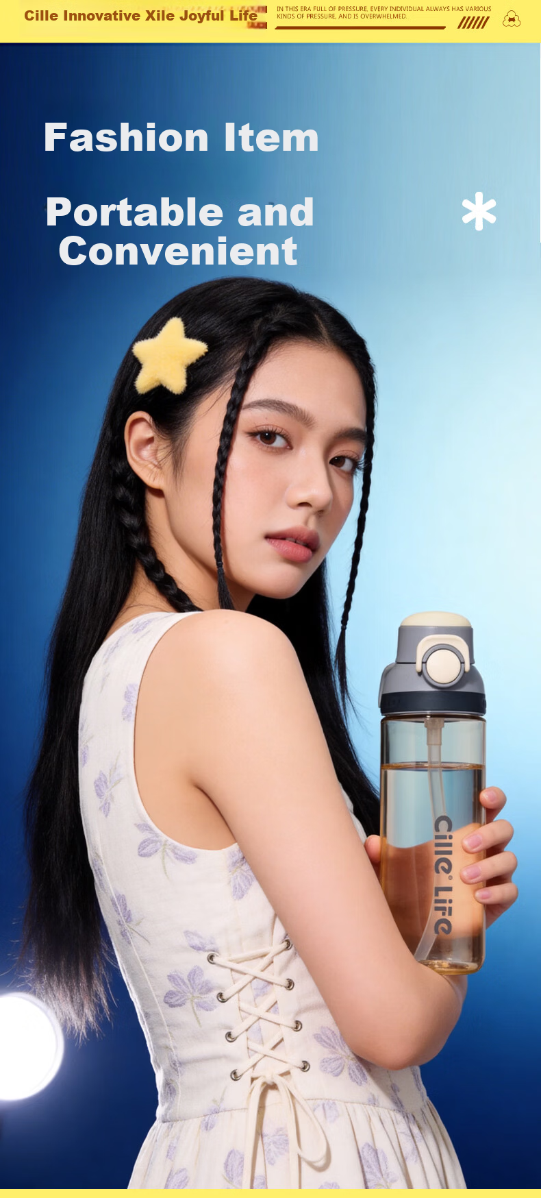 Cille Large Capacity Plastic Water Bottle PPSU High Temperature Resistant Student Dual-Drink Portable Cup Unisex Sports Fitness Bottle 8
