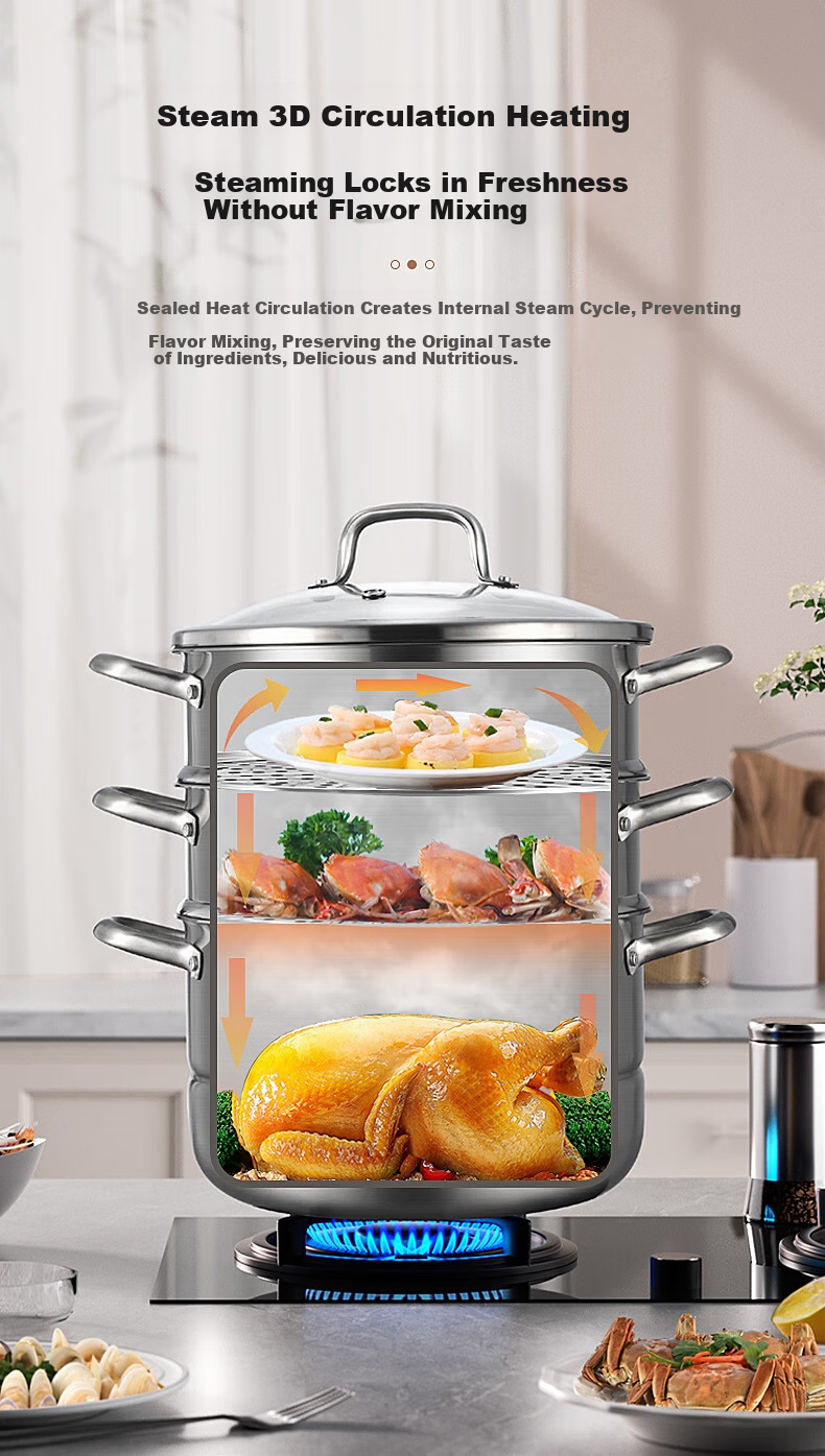 KOBACH German Style 3-Layer 32cm Thickened 304 Stainless Steel Steamer Pot Compatible with Induction and Gas Stoves 4