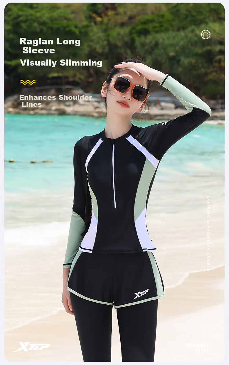 Xtep Women's Conservative Slimming Two-Piece Long Sleeve Long Pants Swimwear Sun Protection Wetsuit Surfing Hot Spring Vacation Swimsuit 5