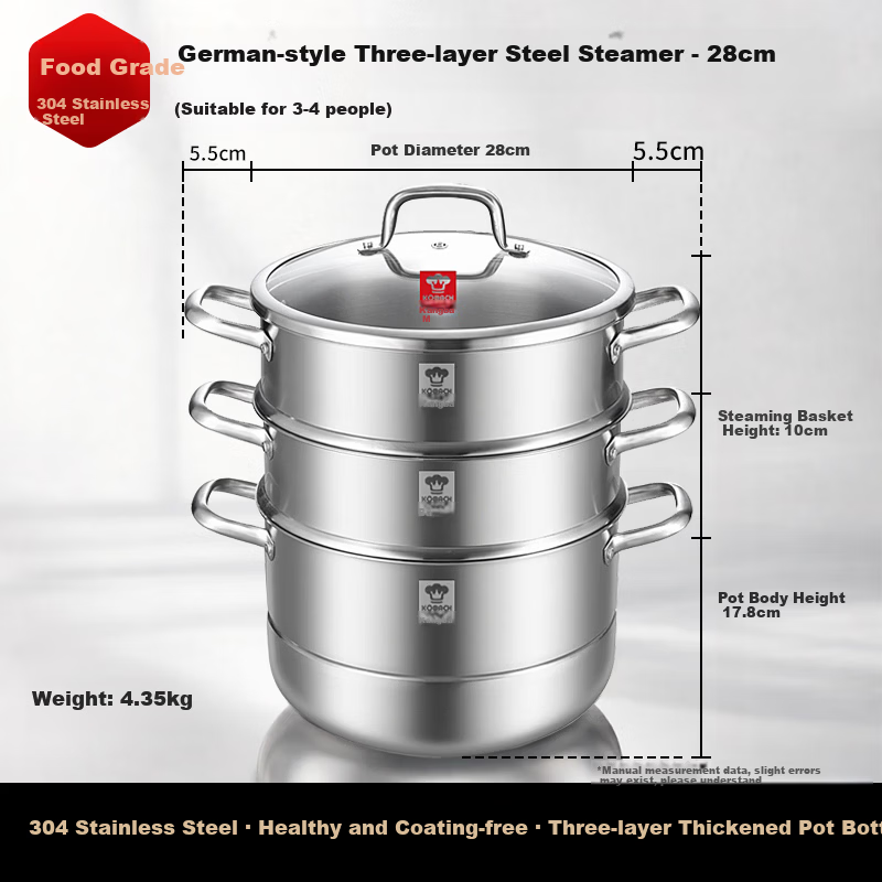 KOBACH German Style 3-Layer Steel Steamer Pot 28cm Thickened 304 Stainless Steel Multi-Layer Steamer Compatible with Induction and Gas Stoves