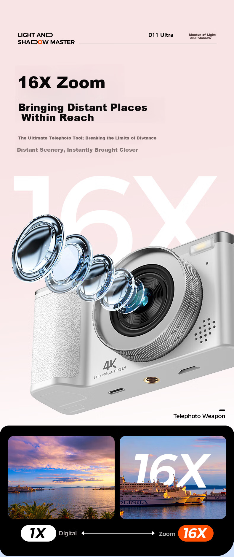 Patriot D11 Ultra Student Digital Camera Selfie Birthday Gift for Girls Entry-Level Mirrorless Alternative CCD White 128GB Children's Day Gift 8