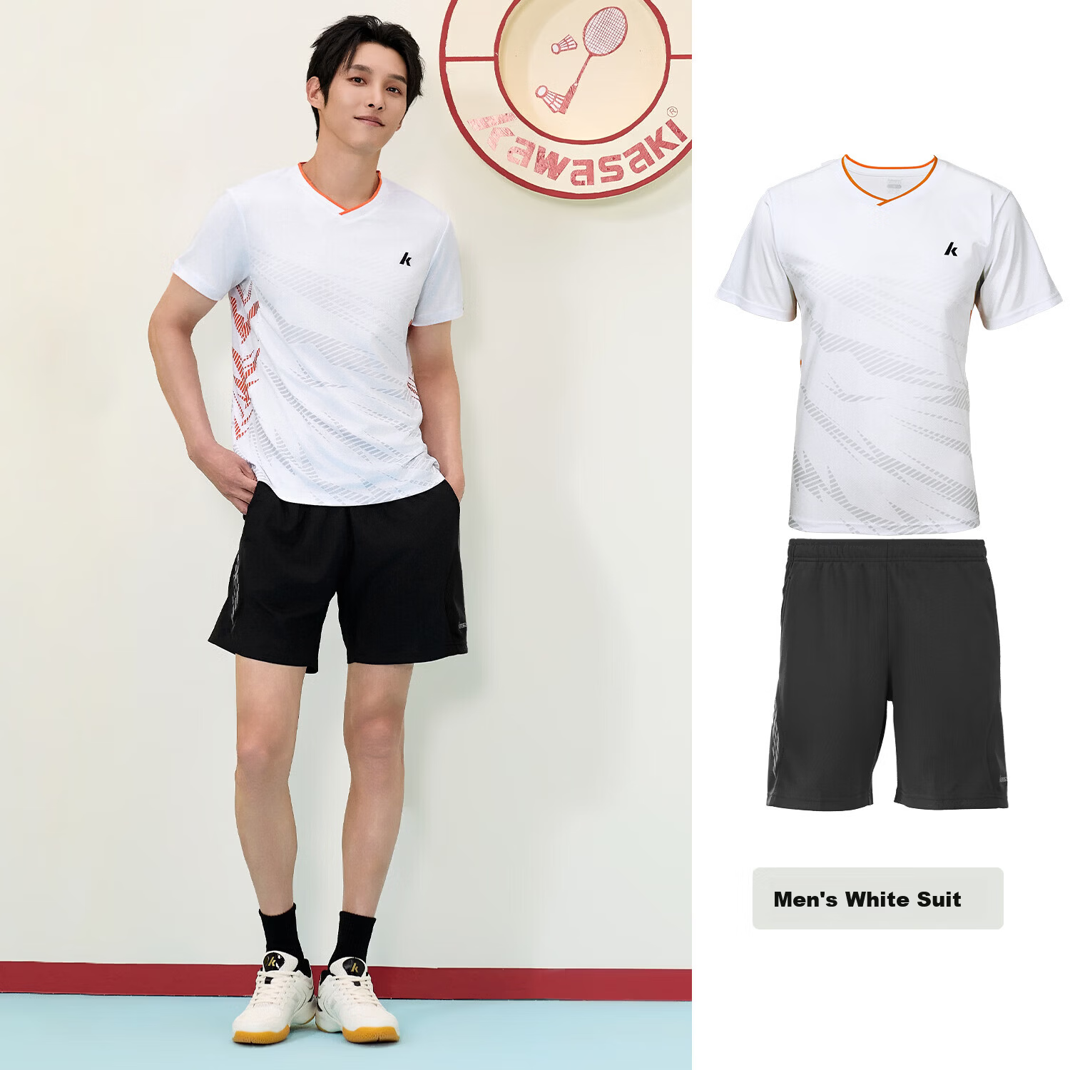 KAWASAKI Men's Badminton Set Short Sleeve + Shorts Sports Sweat-Wicking Quick-Dry Breathable Training Suit D1827 White XL