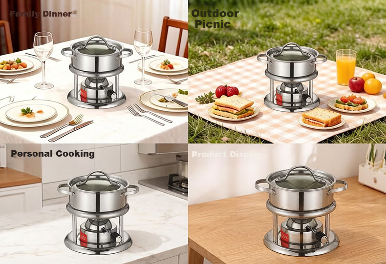 VNASH 304 Stainless Steel Single-Person Small Hot Pot Gas Stove Adjustable Moonlight Silver Glass Hot Pot Cooker 1