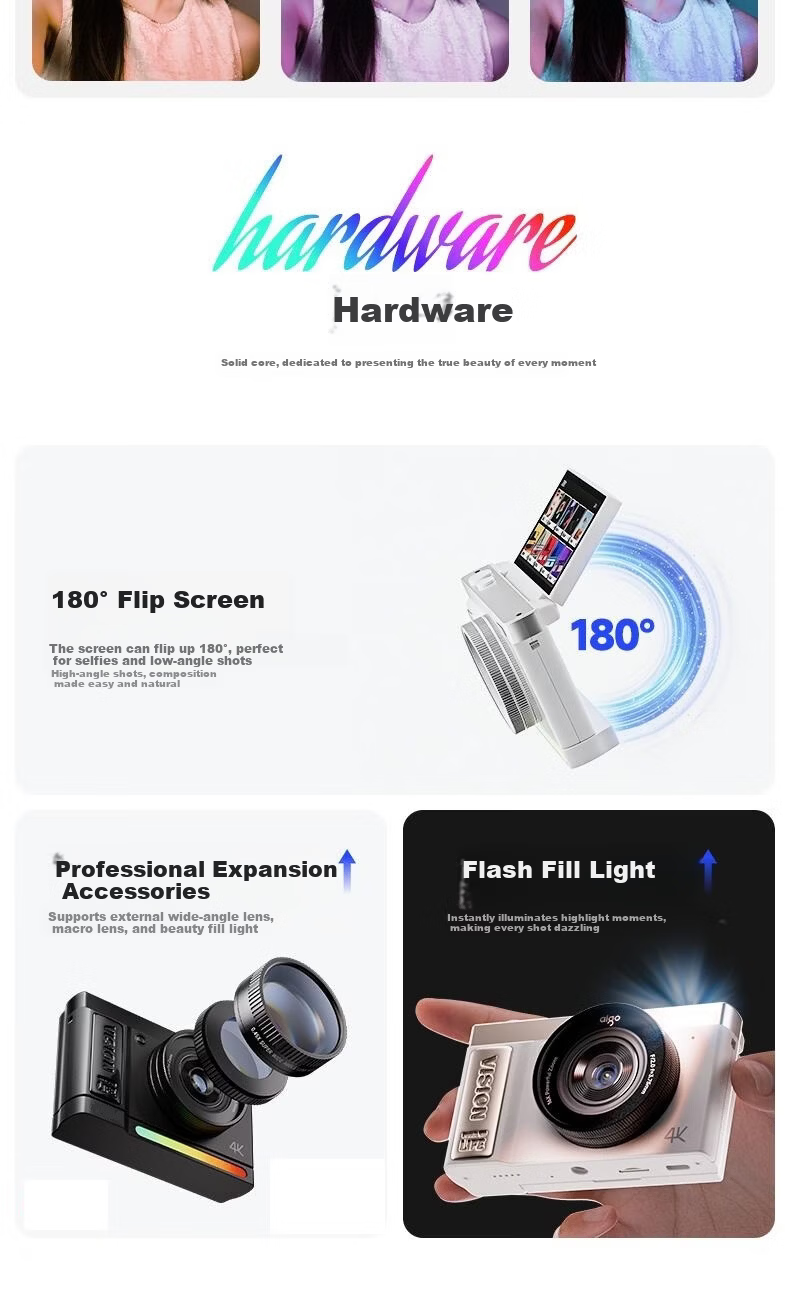 Patriot D9/E9PRO Flip Screen Selfie Student Digital Camera Birthday Gift for Girls Entry-Level Campus HD Travel Alternative CCD White 128GB Children's Day Gift 5
