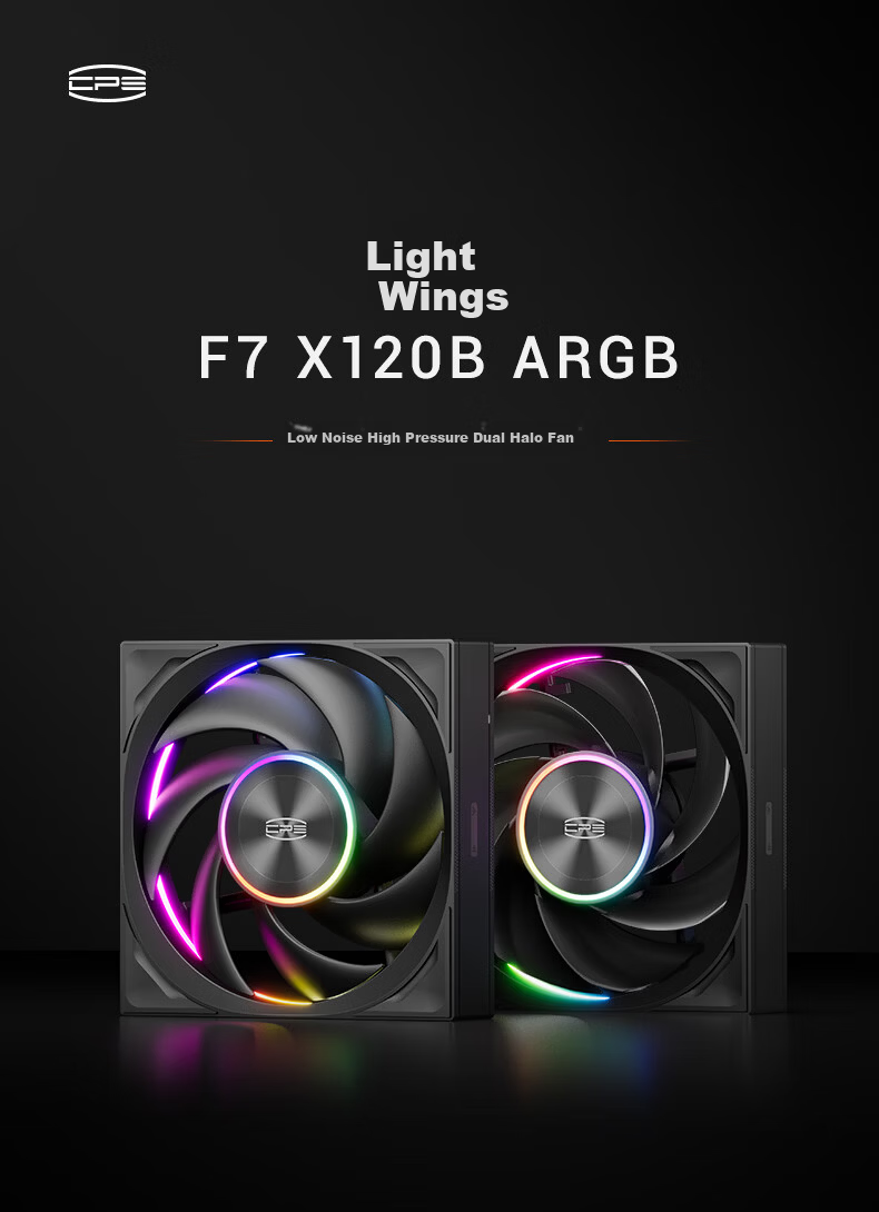 PCCOOLER Wing F7 X120B ARGB Black 12cm Case Fan High Air Pressure Dual Ring Fan RGB Sync PWM Temperature Control Dual Ball Bearing 1