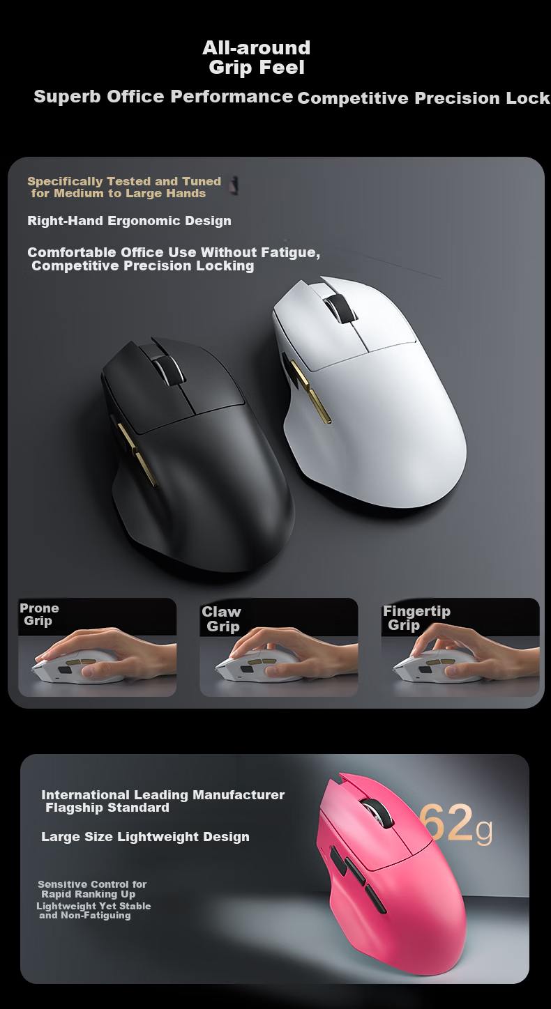 AULA V5 Mouse Large Medium Hand Wired/Wireless 2.4G/Bluetooth Tri-Mode Right-Handed Ergonomic Gaming Office PAW3311 Bauhinia Red 3