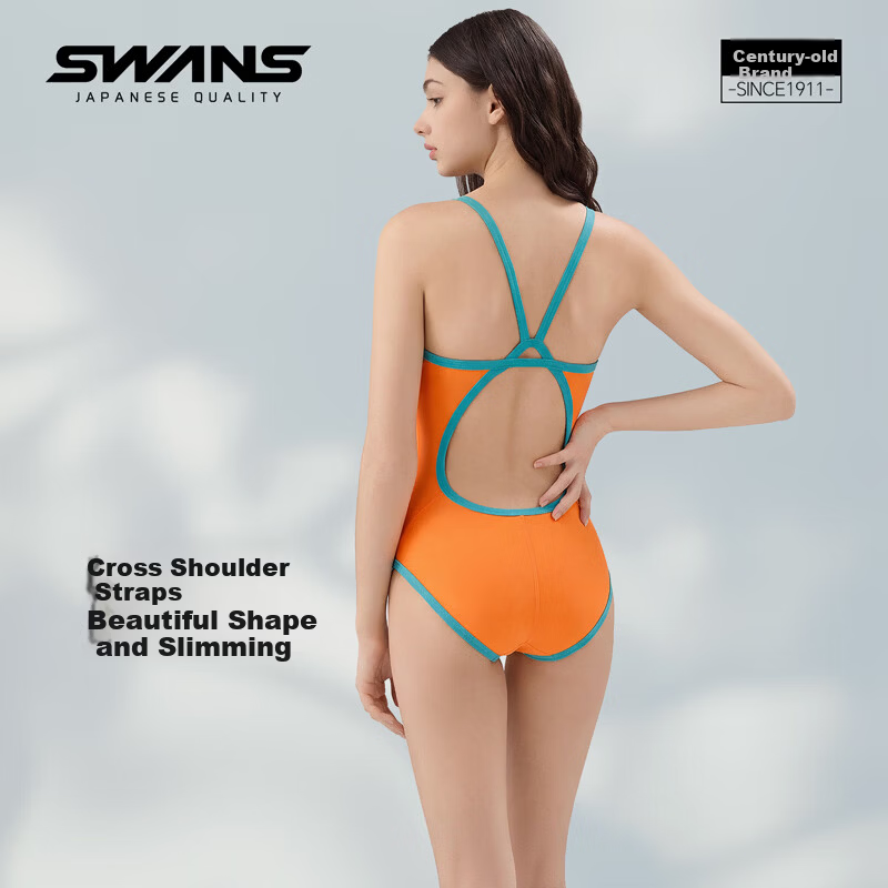 SWANS Women's Triangle Swimsuit, Comfortable Quick-Dry Chlorine-Resistant Training Slim-Fit Hot Spring Swimwear, Big Orange, XL