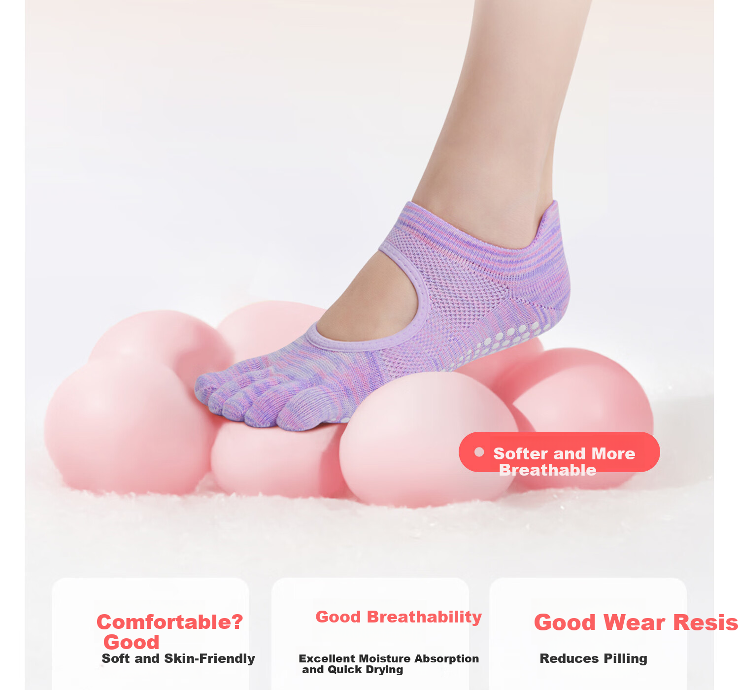 Yottoy Gradient Dyed Non-Slip Yoga Socks for Women Pilates Five-Toe Shoes Summer Indoor Sports Fitness Toe Separator Short - Purple 15