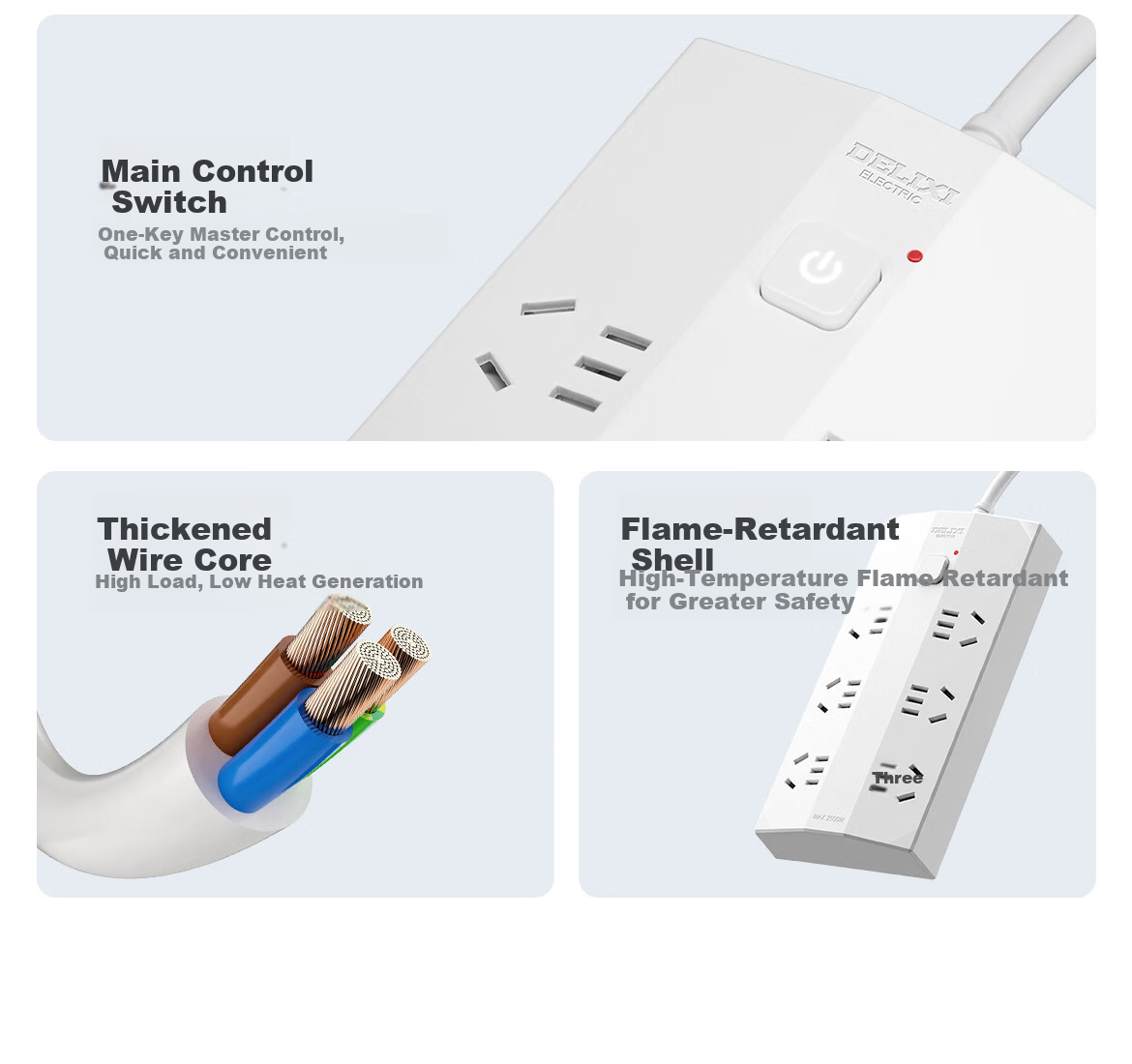 DELIXI New National Standard 3C Certified Trapezoidal Power Strip/Socket/Extension Cord/Surge Protector for Home Office Dormitory Desktop 6-Outlet Five-Hole Master Switch 2.5m 9