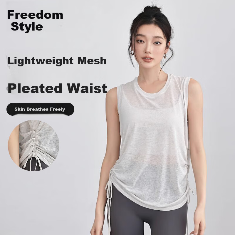 Free Style Women's Sports Short Sleeve Running Quick-Dry Loose Sleeveless Drawstring Top T-Shirt Pilates Yoga Fitness Cover-Up Spring Summer