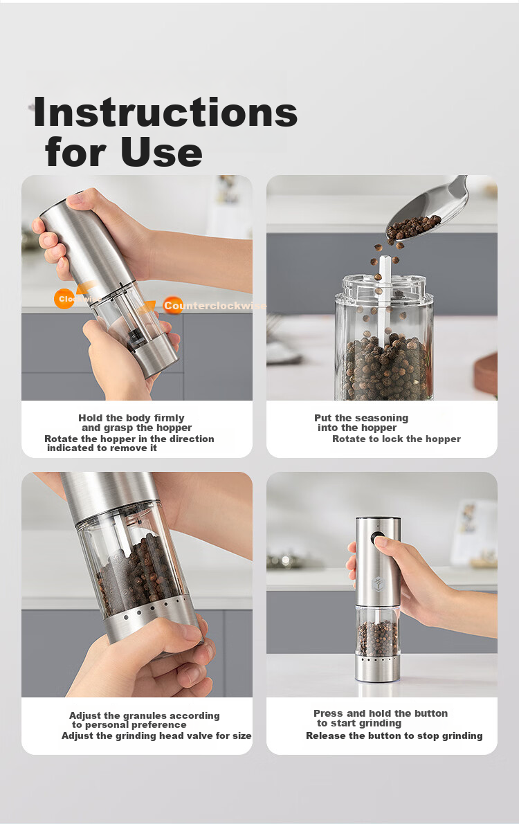 JD Original Electric Black Pepper And Sea Salt Grinder, Flaxseed Kitchen Home Use Stainless Steel Automatic Speed Adjustable Model 13