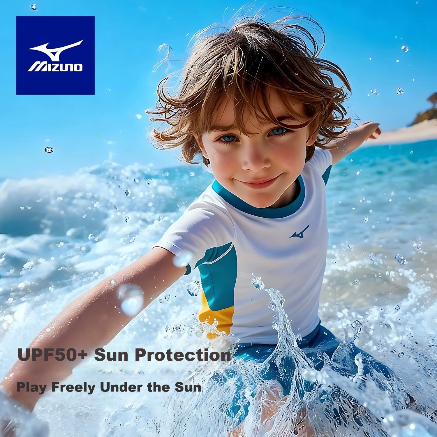 MIZUNO Kids Boys Two-Piece Swimwear Short Sleeve Quick-Dry Sun Protection Surfing Hot Spring Swimsuit GB431 Off-White Blue 120