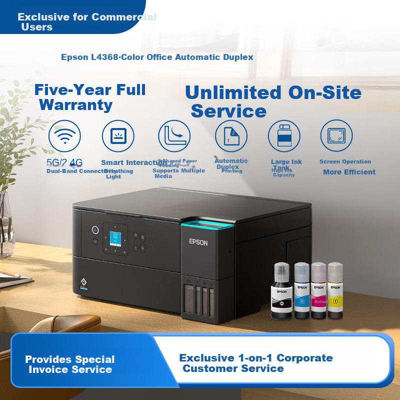 EPSON EcoTank L4368 Color Office Printer with 5-Year Unlimited On-Site Warranty, Duplex Printing/Copying/Scanning, 5G WiFi, Mobile Connectivity