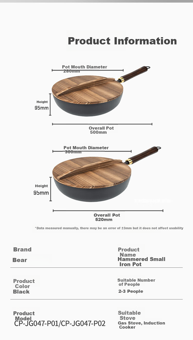 Bear Iron Wok Thickened Hammered Texture Healthy Non-Coated True Stainless Steel 30cm with Solid Wood Lid 9