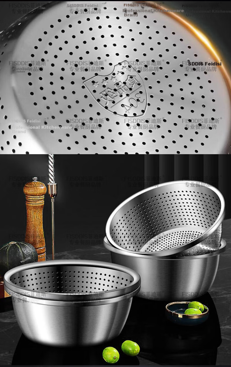 FISDDIS 304 Stainless Steel Bowl and Sieve 2-Piece Set Thick Soup Bowl Rice Washing Strainer Draining Basket 30cm Cooking Bowl LLPTZ-30 20