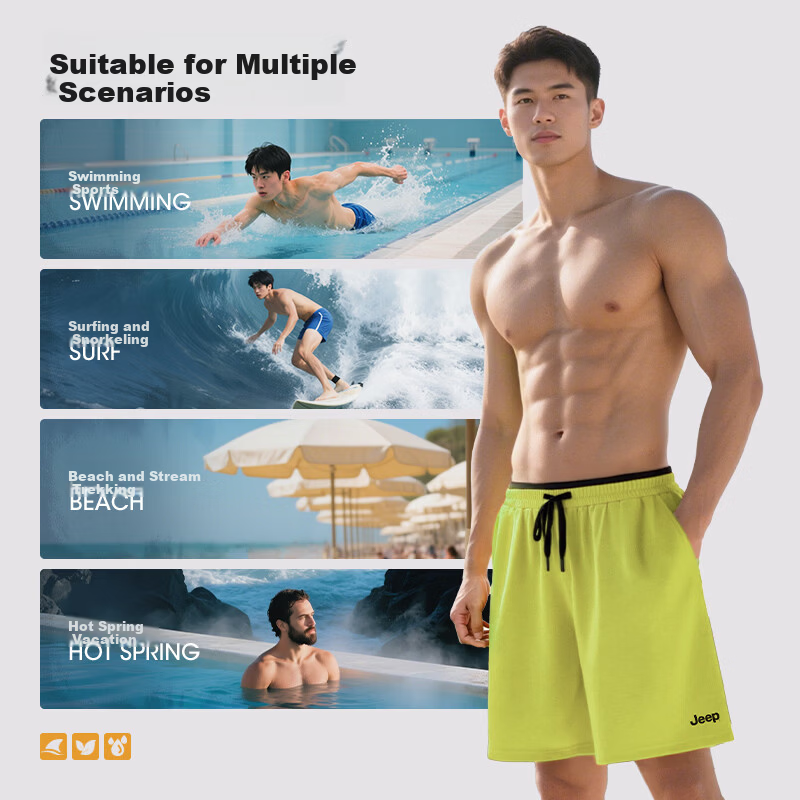 JEEP Men's Quick-Dry Beach Shorts Water-Resistant Men's Hot Spring Swim Trunks Surfing Shorts with Goggles and Swim Cap Set Lemon Yellow 3XL