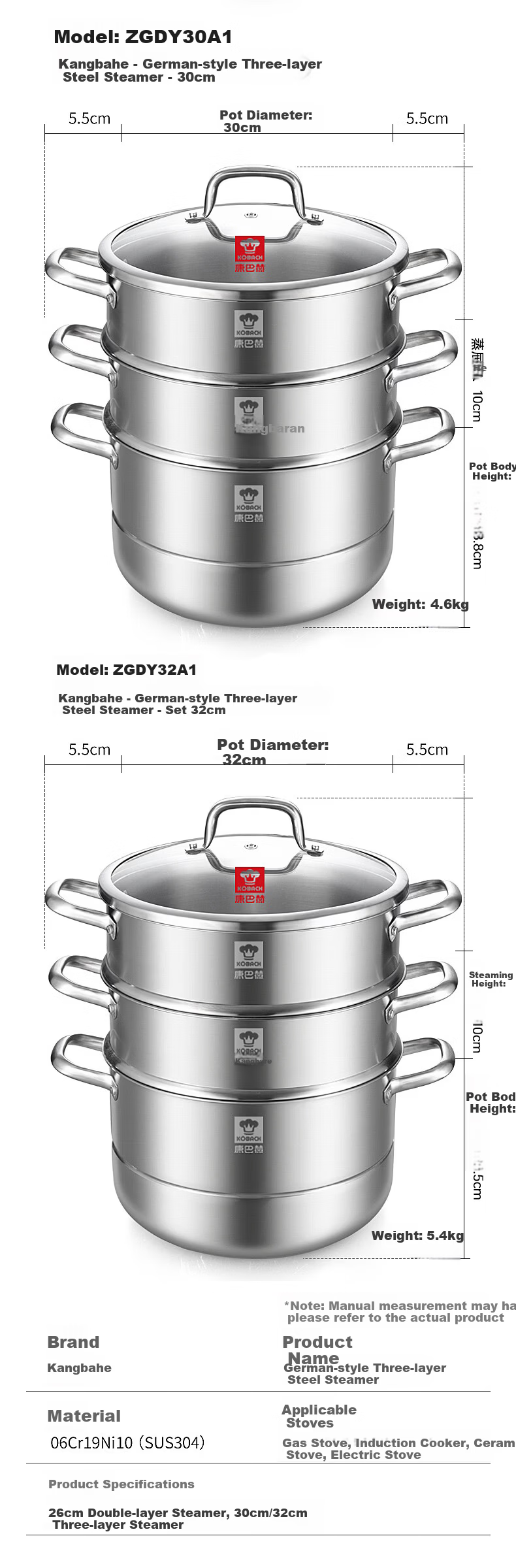 KOBACH German Style 3-Layer 32cm Thickened 304 Stainless Steel Steamer Pot Compatible with Induction and Gas Stoves 9