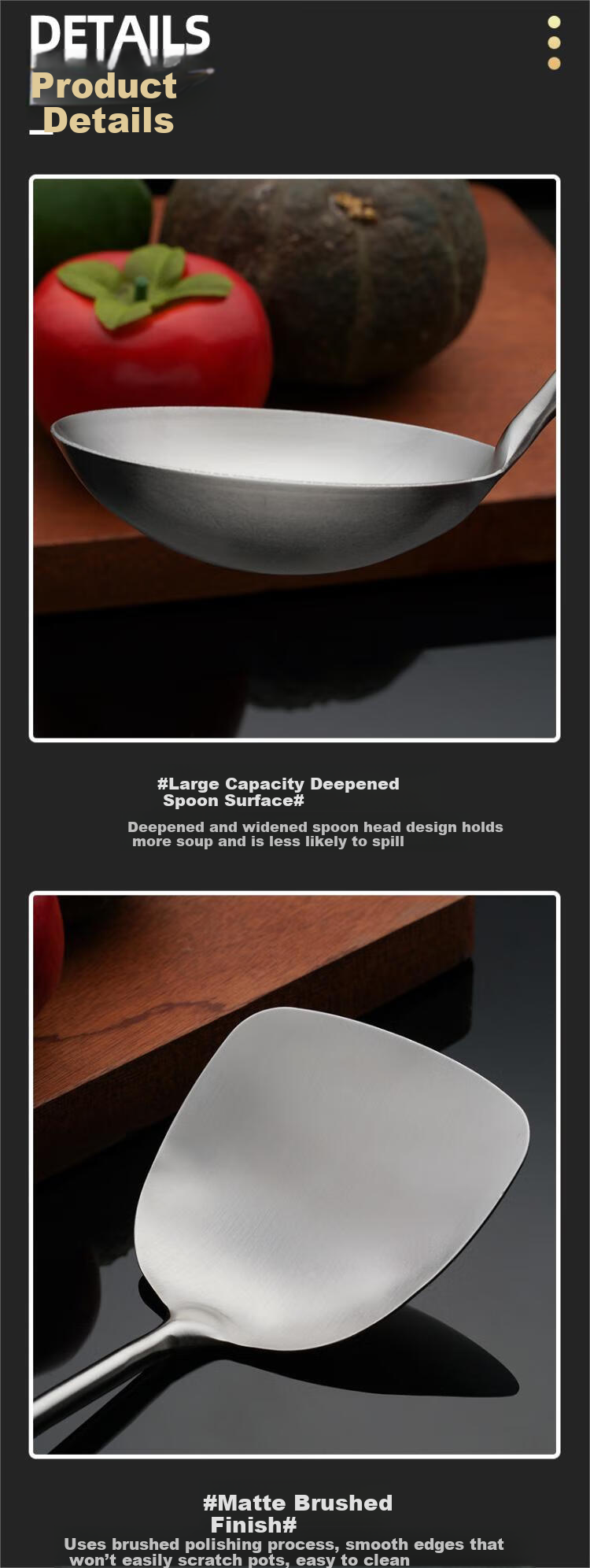 Jinwanfu Thickened Long Handle Solid Stainless Steel Serving Stir Fry Ladle 7