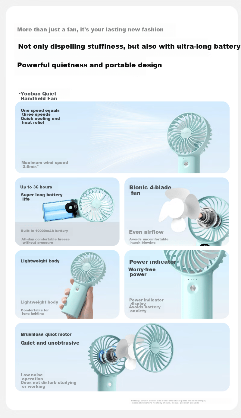 Yoobao Handheld Mini Portable Silent Fan Long Battery Life Office Student Dormitory Desk Fan Rechargeable Vitality Blue 6000mAh 4