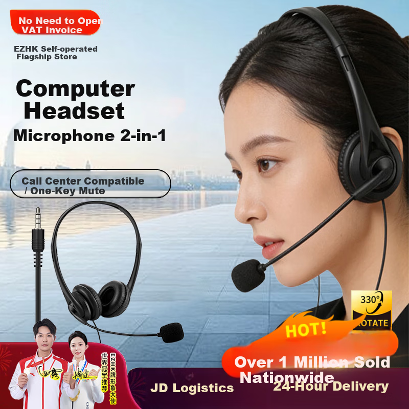 EZHK Customer Service Headset Over-Ear Noise-Cancelling Microphone Desktop Computer Headset USB 3.5mm Two-in-One