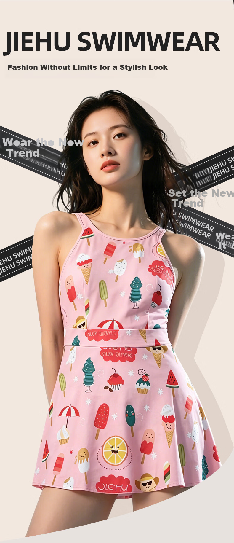 Jiehu Women's One-Piece Swimsuit Dress-Style Swimwear for Hot Springs, Conservative, Tummy-Covering, Slimming, Quick-Drying, Little A-Line Skirt Desig 2