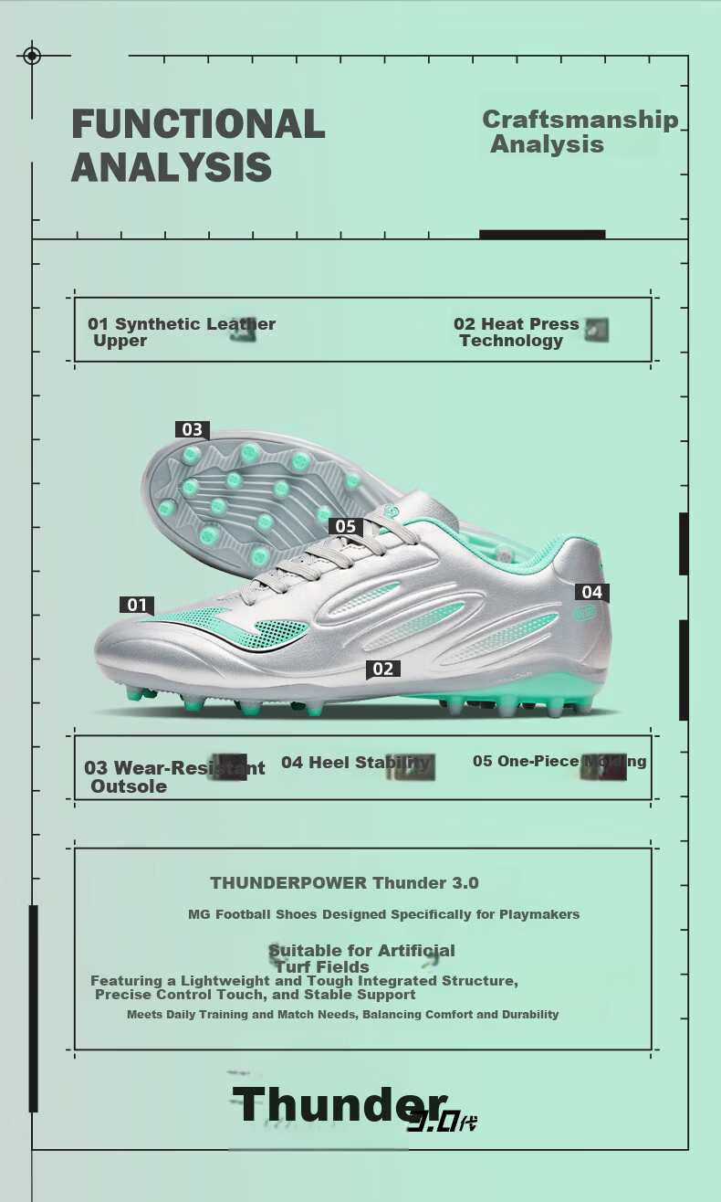 JOMA Men's Soccer Shoes MG Short Studs Adult Youth Student Competition Training Shoes Thunder 3.0 Silver/Green Size 40 2