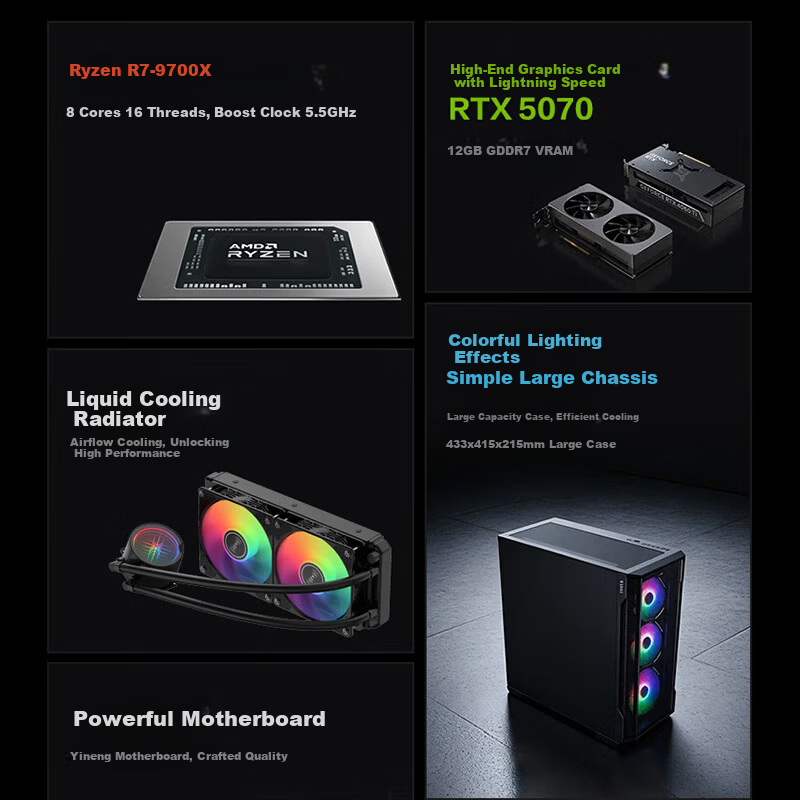 Yinengzhe Lenovo Ecosystem Gaming Desktop DIY Assembly PC (Ryzen R7-9700X 16GB 1TB RTX 5070) Delta PUBG Magician Series