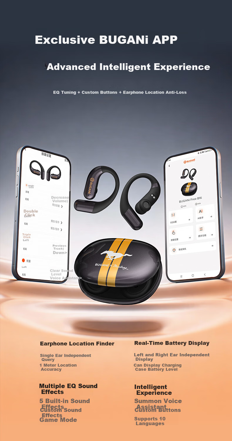 BUGANI Free B16 Ford Mustang Edition Bluetooth Earbuds Open-Ear Wireless AI Simultaneous Translation Sports Running Earphones Yao Ye Black 10