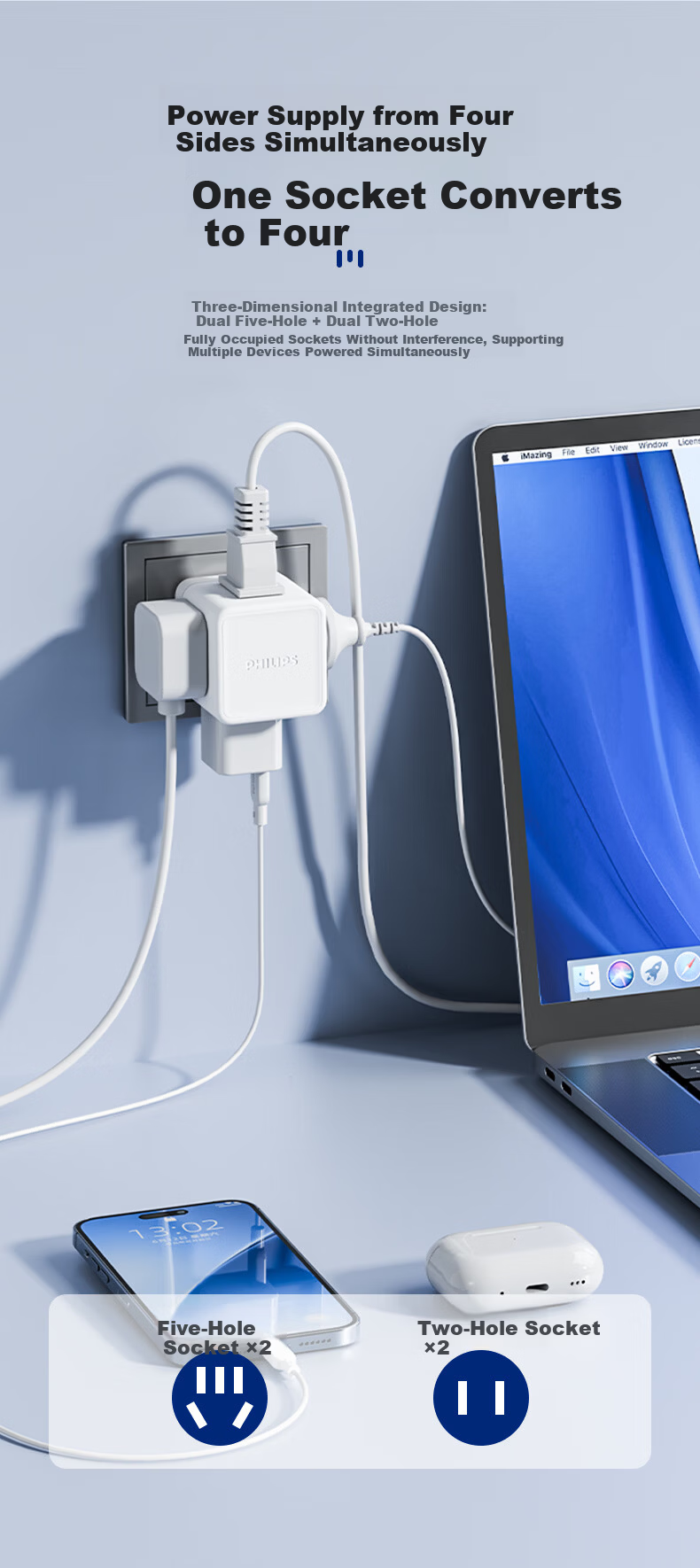 PHILIPS 4-Port Cube Travel Power Strip UK Plug Adapter Socket Converter for Ireland Singapore Hong Kong 5