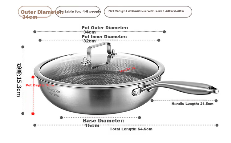 MAXCOOK 34cm 316L Stainless Steel Non-Stick Wok, Triple-Layer Steel, Compatible with Gas and Induction Cooktops, Model MCC4391 12
