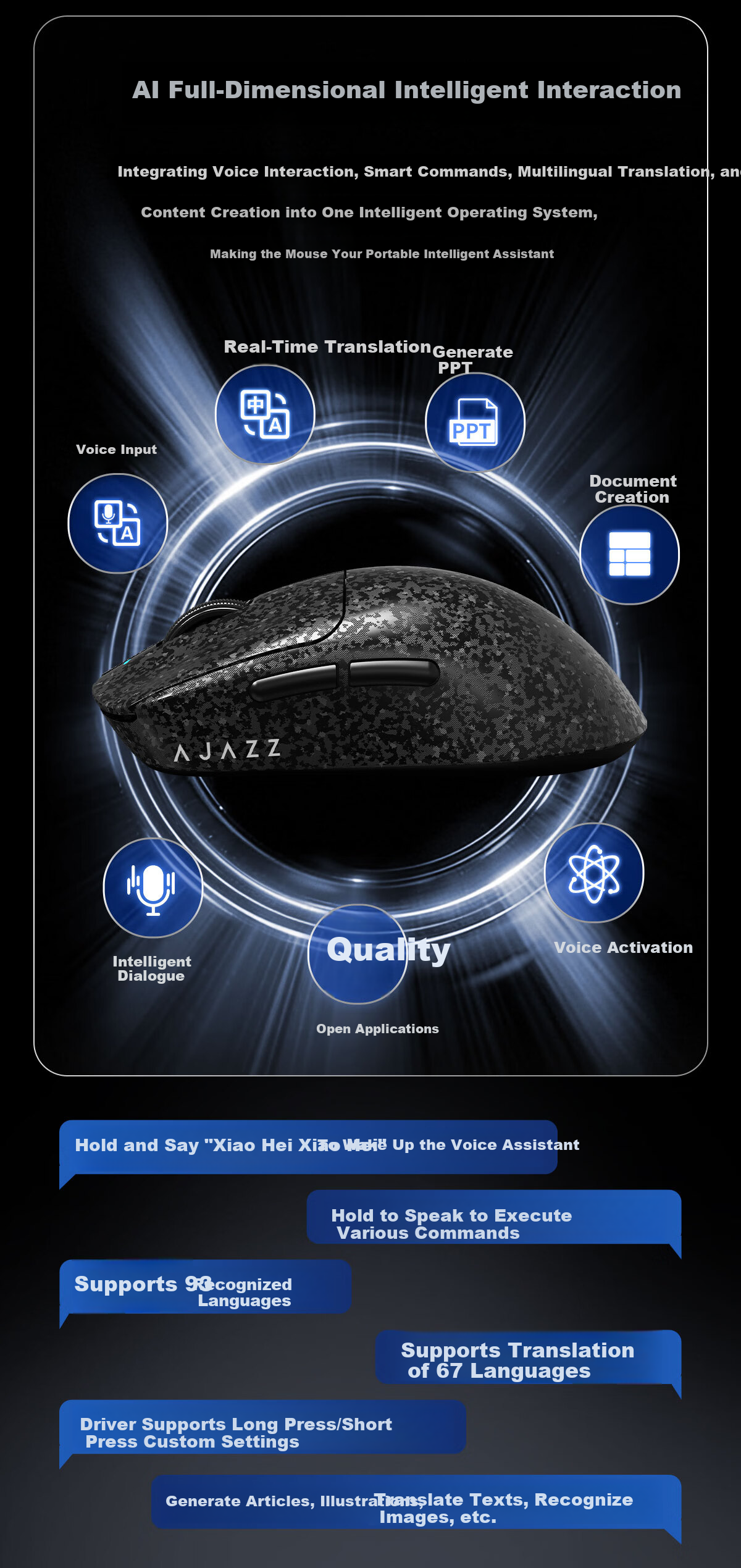 AJAZZ T520AI Wireless Mouse, Carbon Fiber Lightweight Gaming Mouse, Star Flash Three-Mode Connection, Comfortable Feel, Delicate Texture, Blue 4