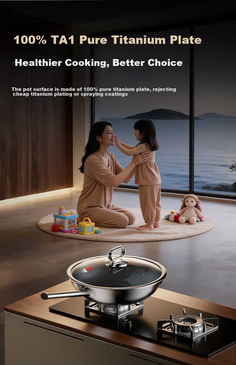 Sanhe 0-Coating Ultra-Fire Pure Titanium Frying Pan 28cm with Lid Non-Slip Base for 2-3 People Offline Model GC28F3 + Cling Film 8