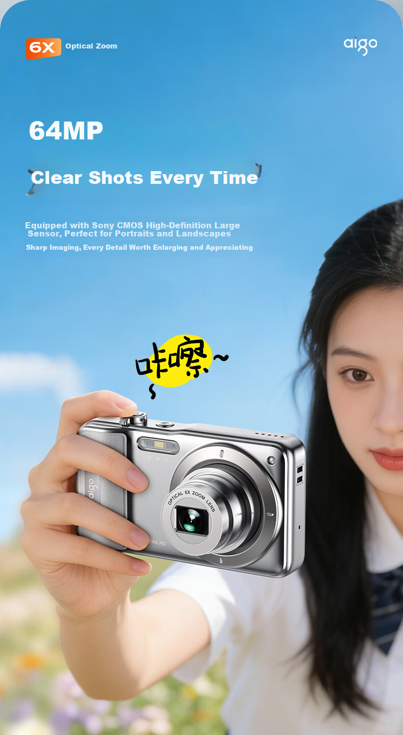 Aigo T600 Optical Zoom Retractable Lens Dual Camera Selfie Student Digital Camera Gift for Girls, Entry-Level Mirrorless Vlog Campus Alternative CCD, Silver White Color, 32GB 4
