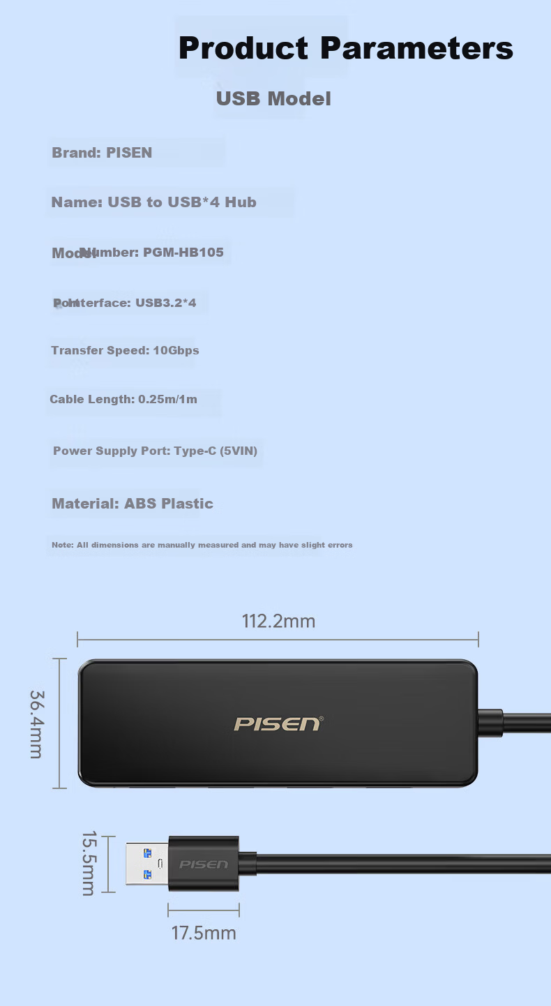 PISEN USB Hub Dock 10Gbps 4-Port High-Speed HUB Adapter for Apple MacBook and Tablet Converter 13