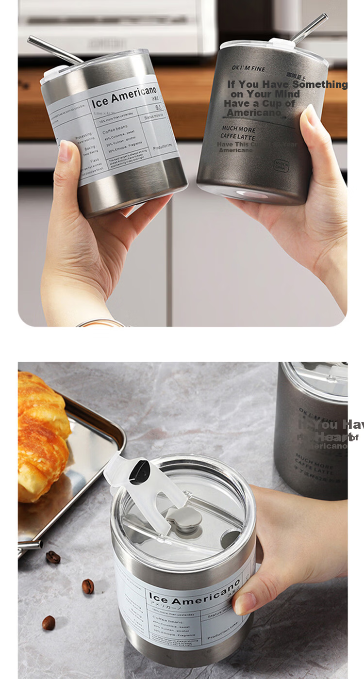 Mongdio American Style Coffee Mug 304 Stainless Steel Direct Drinking Cup Ice King Outdoor Camping Portable Straw Cup Water Bottle 8