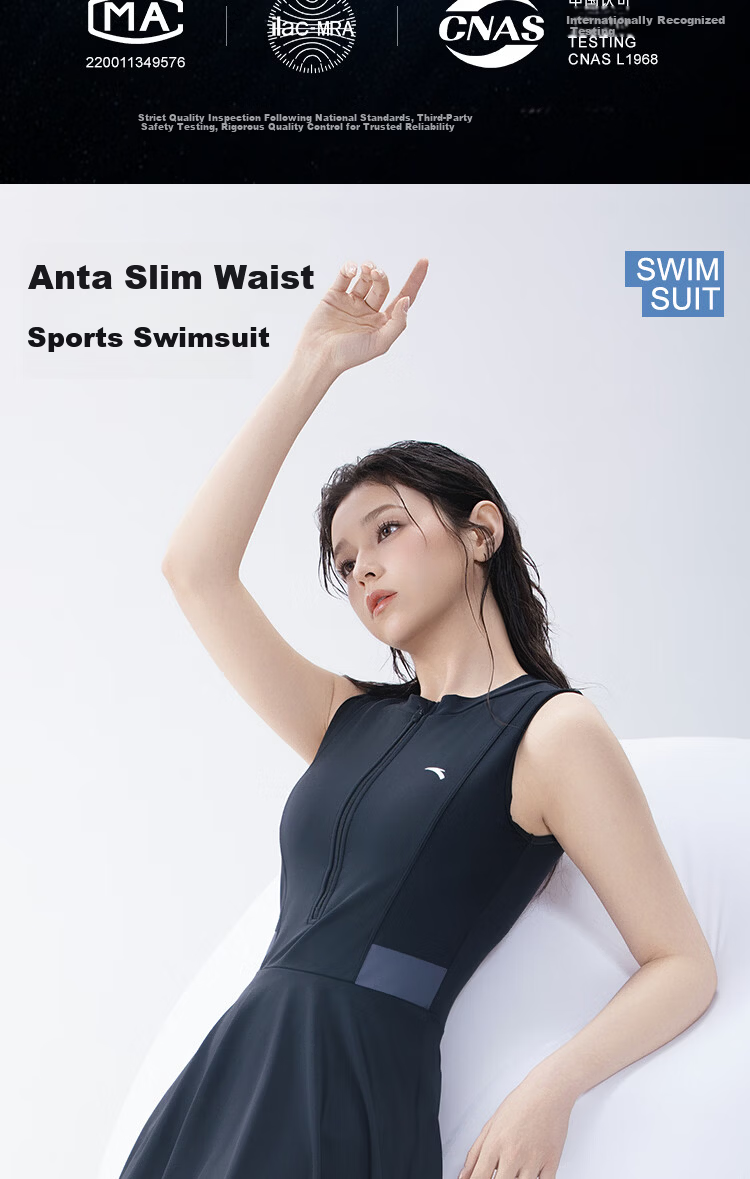 Anta Slim Waist Women's Swimsuit 2026 New One-Piece Conservative Sleeveless Plus Size Girl Swimsuit Black M 2