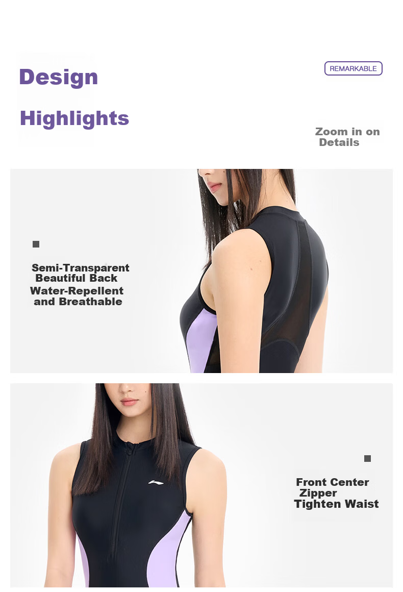 LI-NING Women's Premium 2026 New One-Piece Square-Leg Specialized Sun-Protective Racing Swimsuit 1332 Deep Purple XL 21